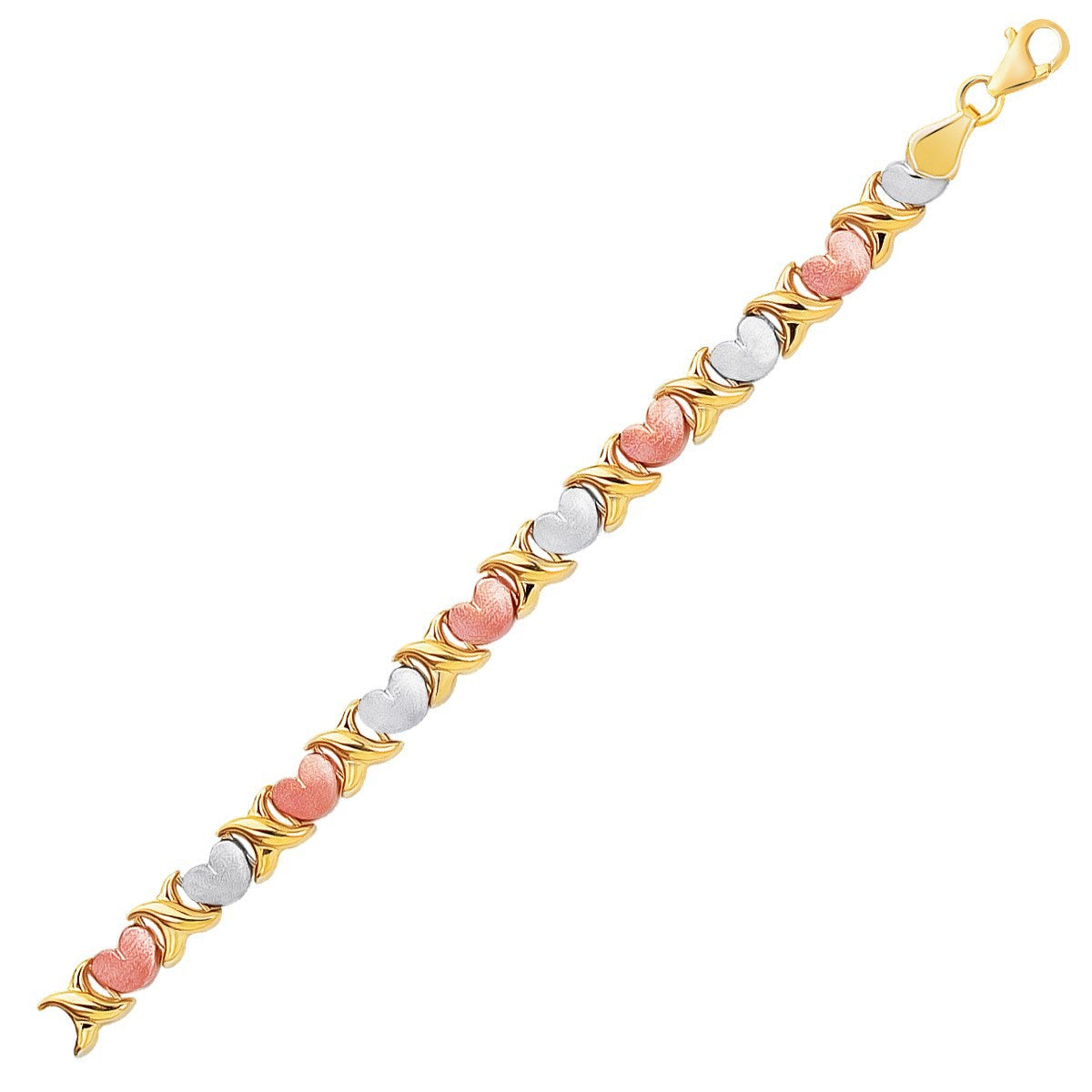 14k Tri-Color Gold Fancy Satin Heart Line Bracelet on sale at MyriadMart