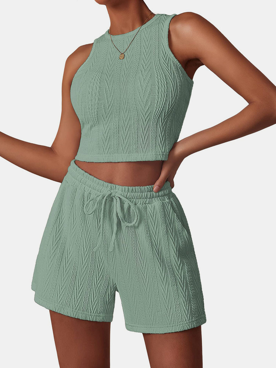Textured Round Neck Top and Shorts Set