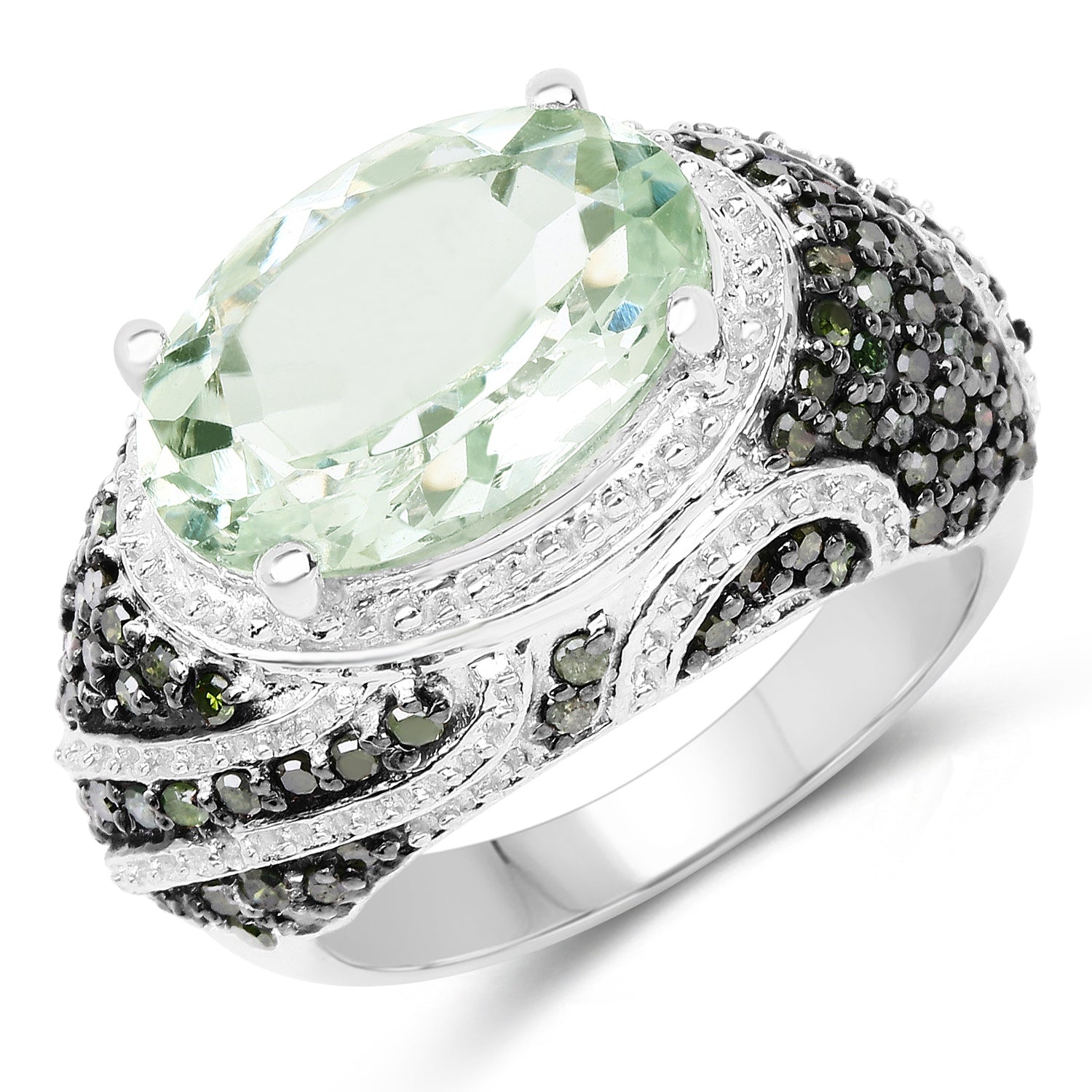 5.98 Carat Genuine Green Amethyst & Green Diamond .925 Sterling Silver Ring on sale at MyriadMart
