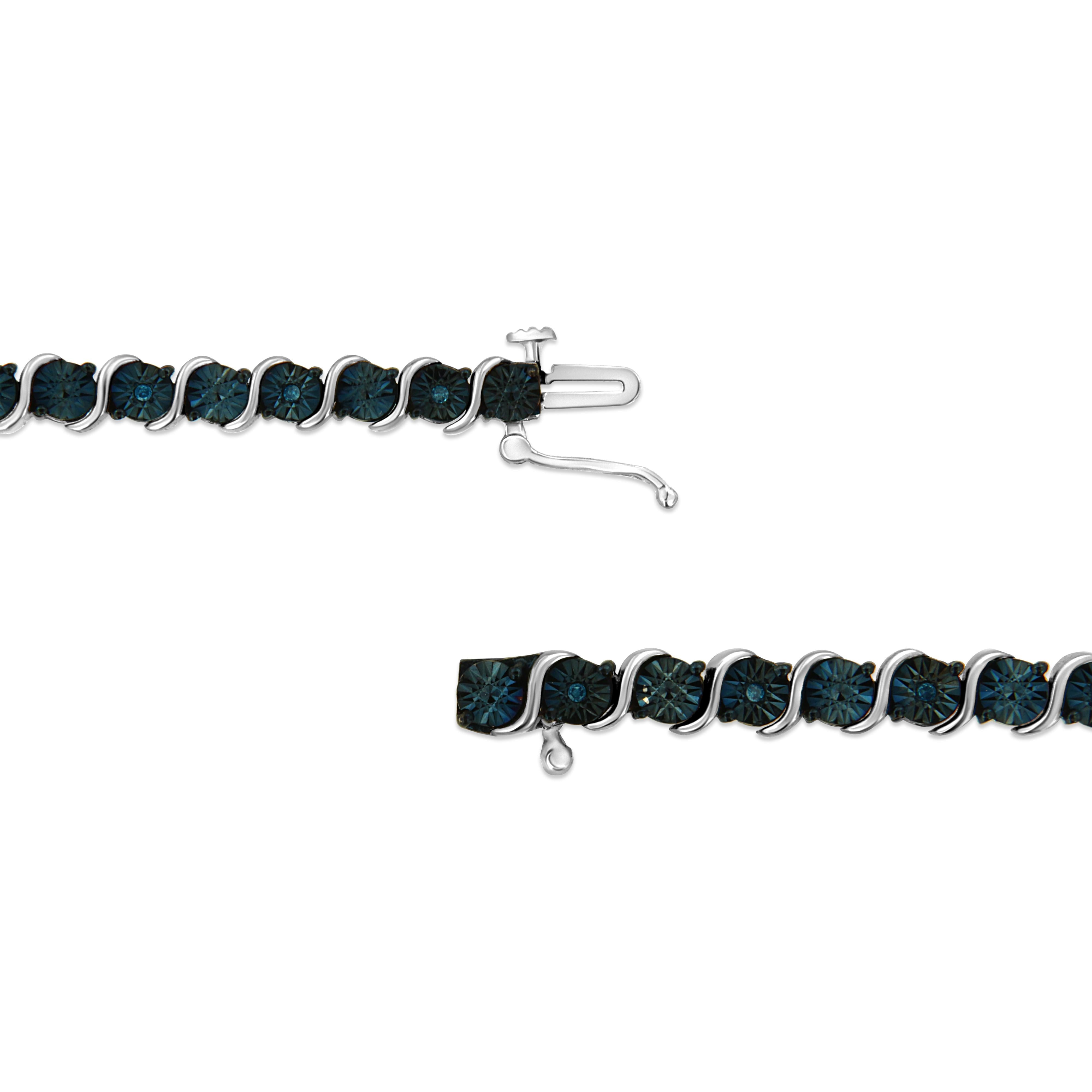 .925 Sterling Silver 1/10 Cttw Miracle-Set Treated Blue Color Diamond Miracle Plate "S" Link Tennis Bracelet Blue Color, I2- I3 Clarity - 7.25" on sale at MyriadMart