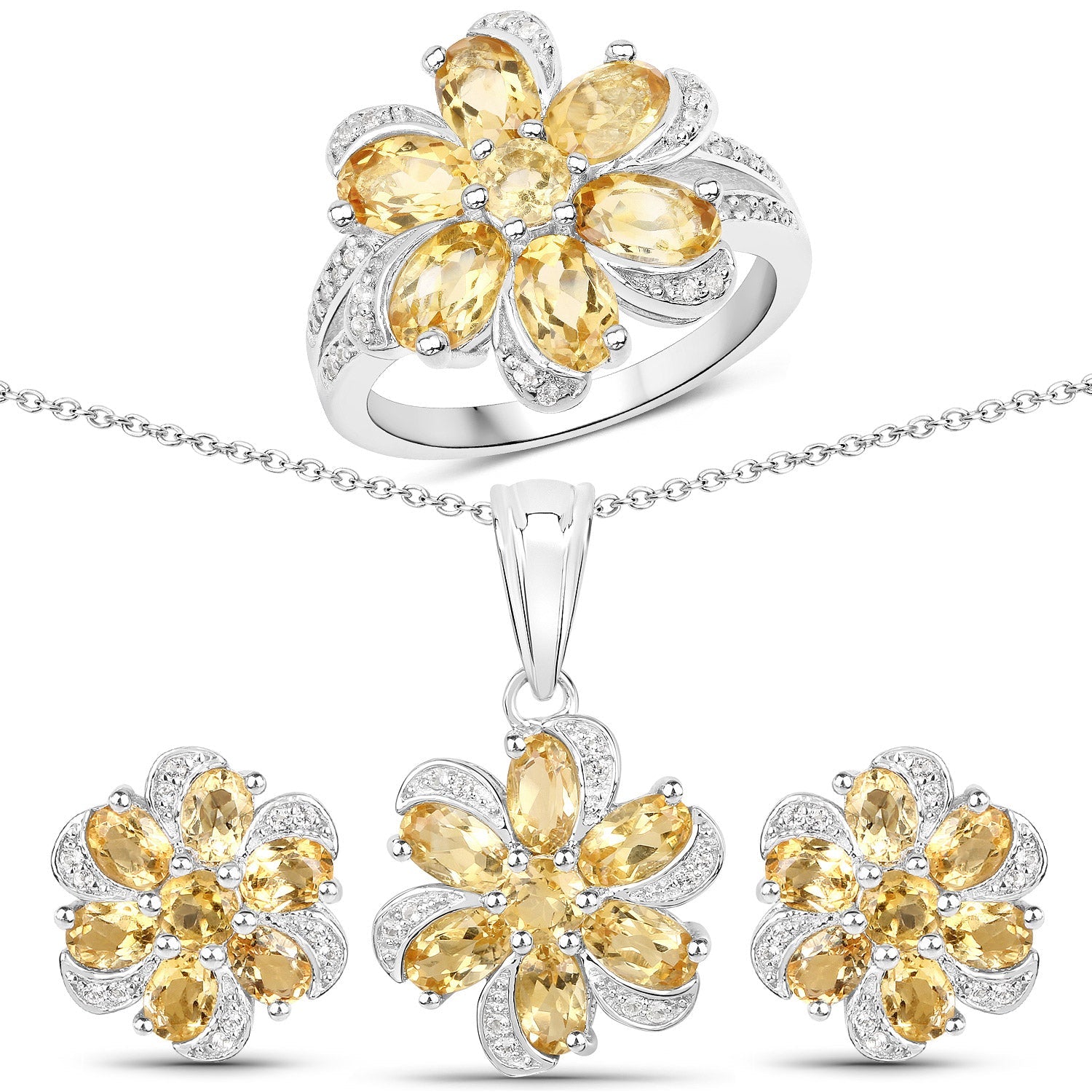 7.92 Carat Genuine Citrine and White Topaz .925 Sterling Silver 3 Piece Jewelry Set Ring, Earrings, and Pendant w/ Chain on sale at MyriadMart
