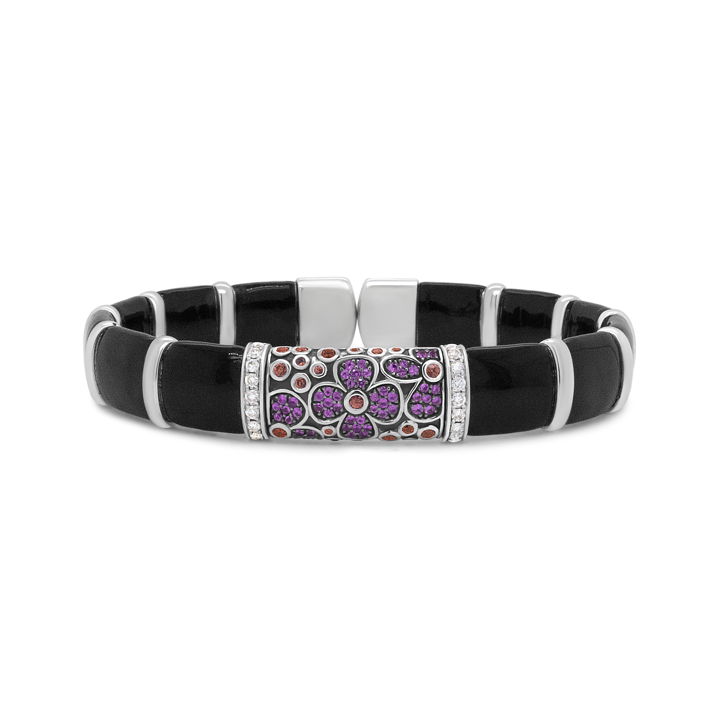 .925 Sterling Silver Black and Brown Enamel 1/3 Cttw Round Diamonds and Pink and Orange Sapphire Gemstones Floral Statement Bangle Bracelet F-G Color, VS1-VS2 Clarity - Size 7.75" on sale at MyriadMart