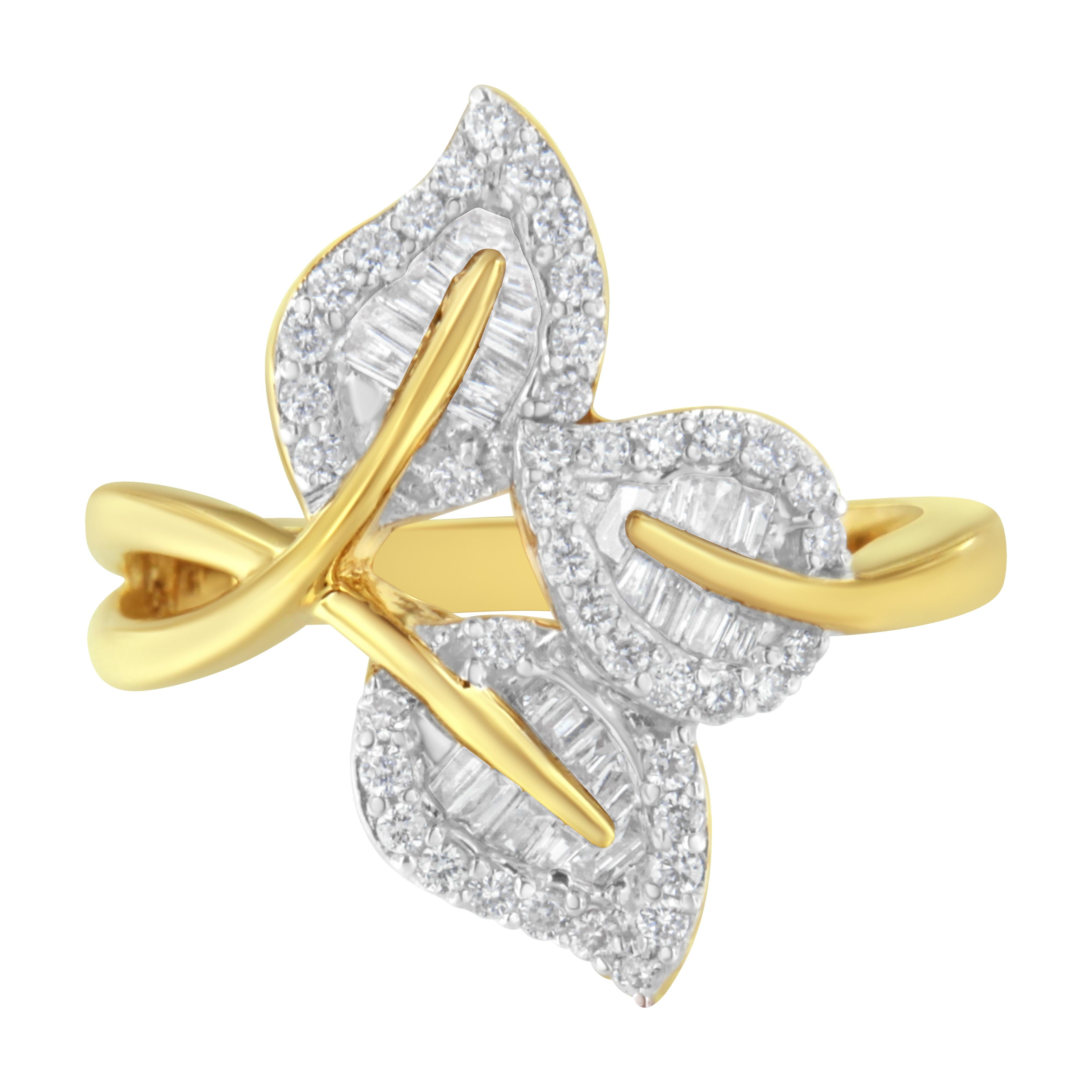 10k Yellow and White Gold 1/2 Cttw Baguette and Round Diamond Bypass Triple Leaf Ring I-J Color, I1-I2 Clarity - Size 7 on sale at MyriadMart