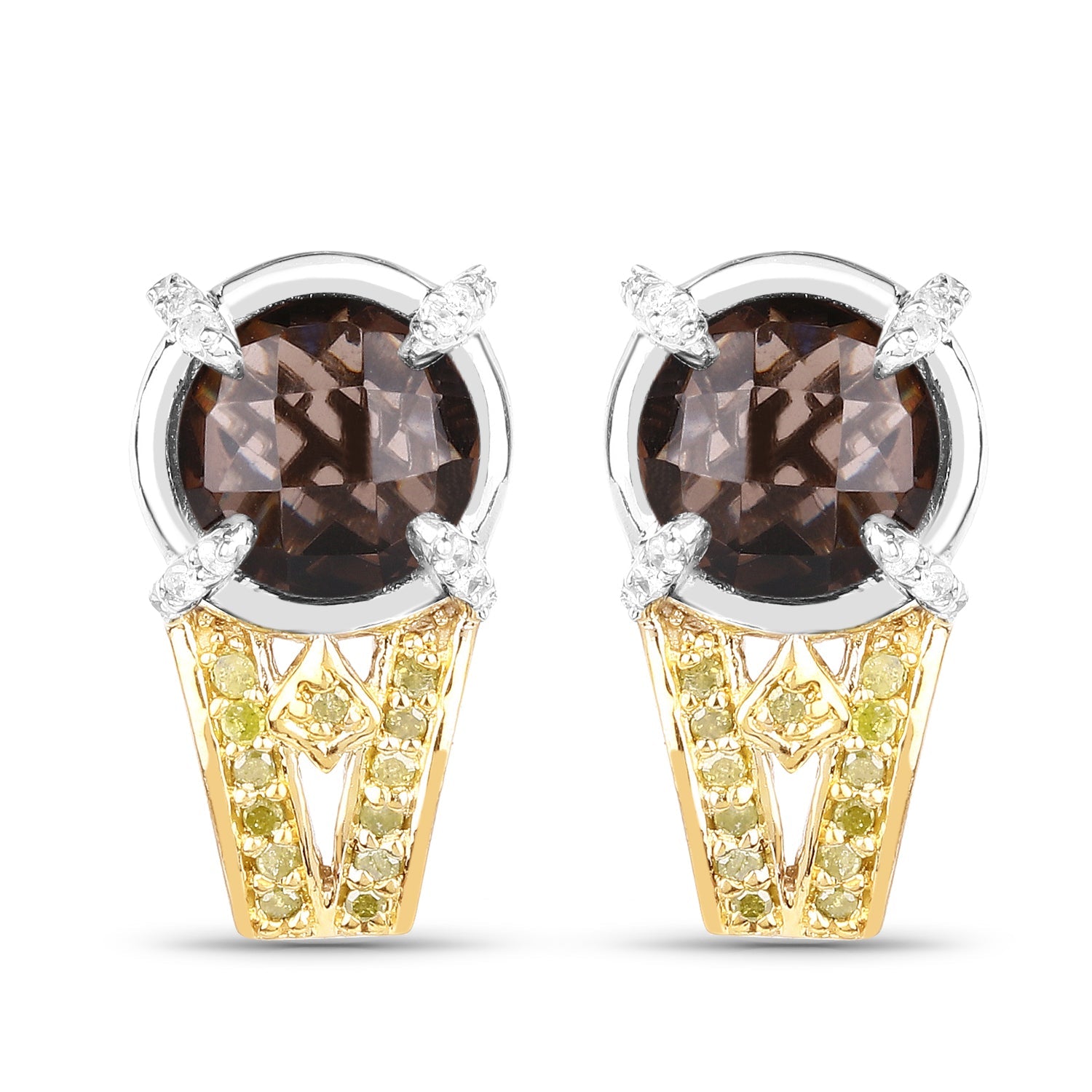 3.75 Carat Genuine Smoky Quartz, Yellow Diamond and White Diamond .925 Sterling Silver Earrings on sale at MyriadMart