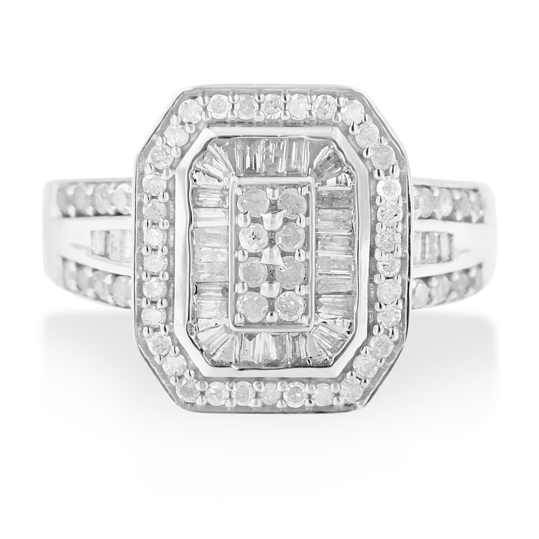 .925 Sterling Silver 1.0 Cttw Round and Baguette Cut Diamond Elongated Octagon Shaped Cocktail Ring H-I Color, I2-I3 Clarity - Size 7 on sale at MyriadMart