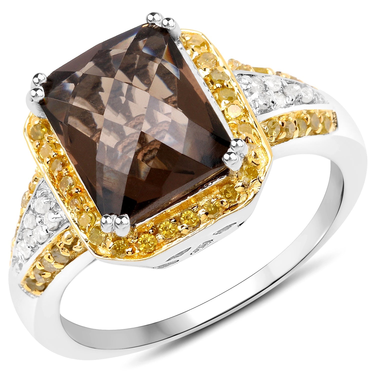 3.48 Carat Genuine Smoky Quartz, Yellow Diamond and White Diamond .925 Sterling Silver Ring on sale at MyriadMart
