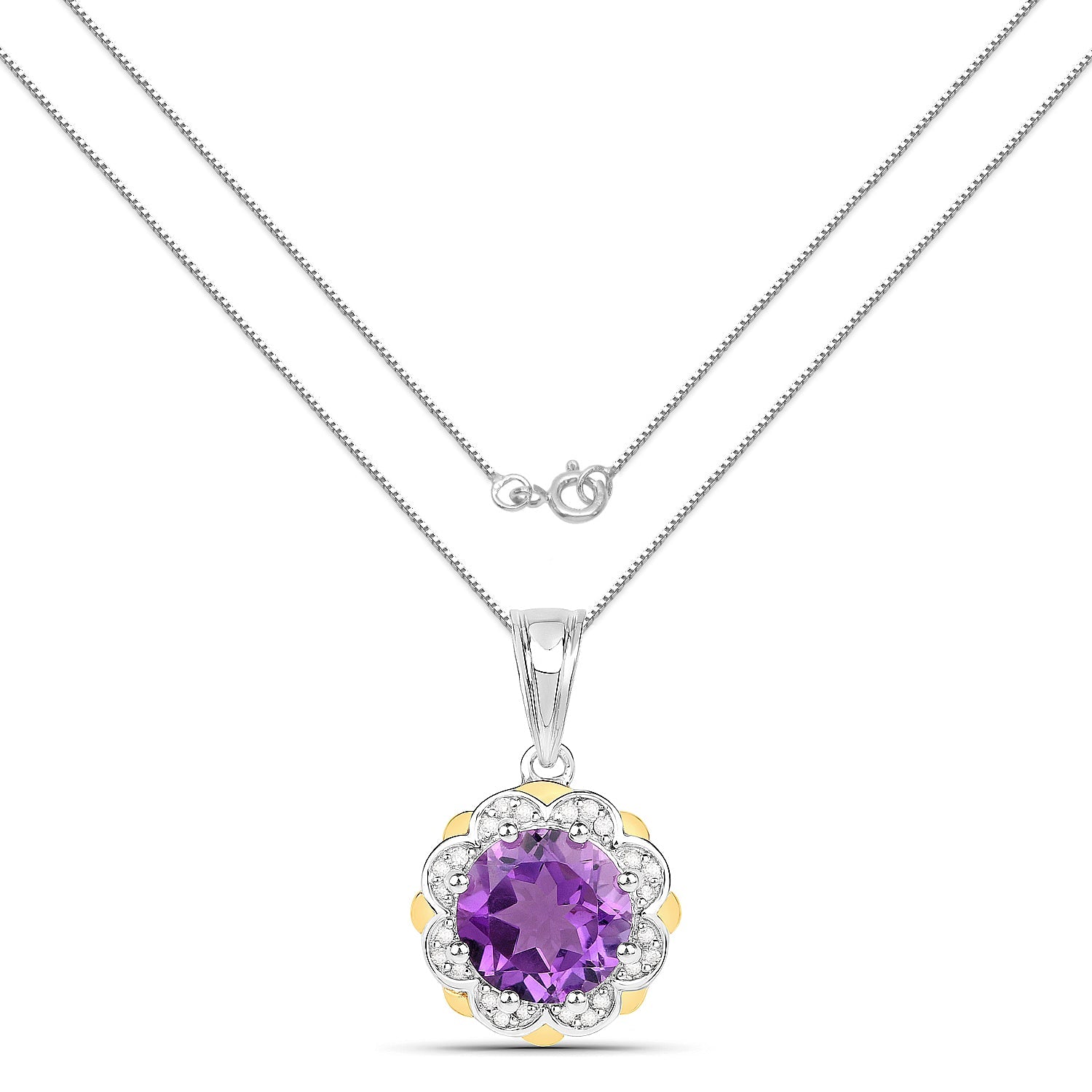 1.87 Carat Genuine Amethyst and White Diamond 14K Yellow Gold with .925 Sterling Silver Pendant on sale at MyriadMart