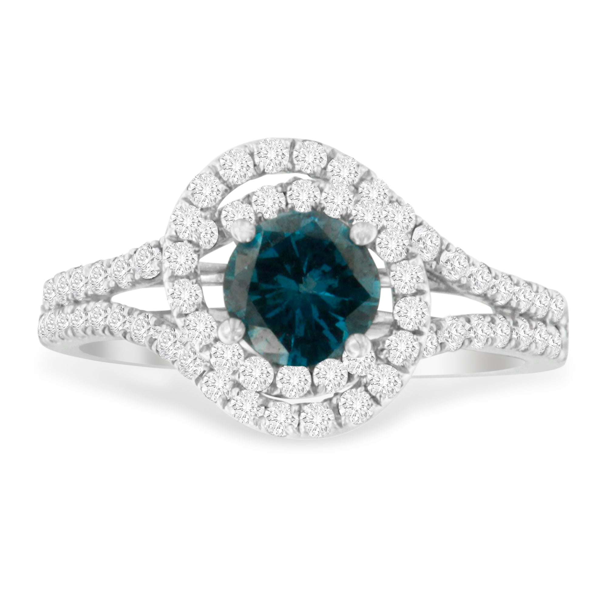 14K White Gold 1-1/3 Cttw White & Blue Diamond Interweaving Double Halo Cocktail Statement Ring G-H and Fancy Blue Color, SI2-I1 Clarity - Size 6 on sale at MyriadMart