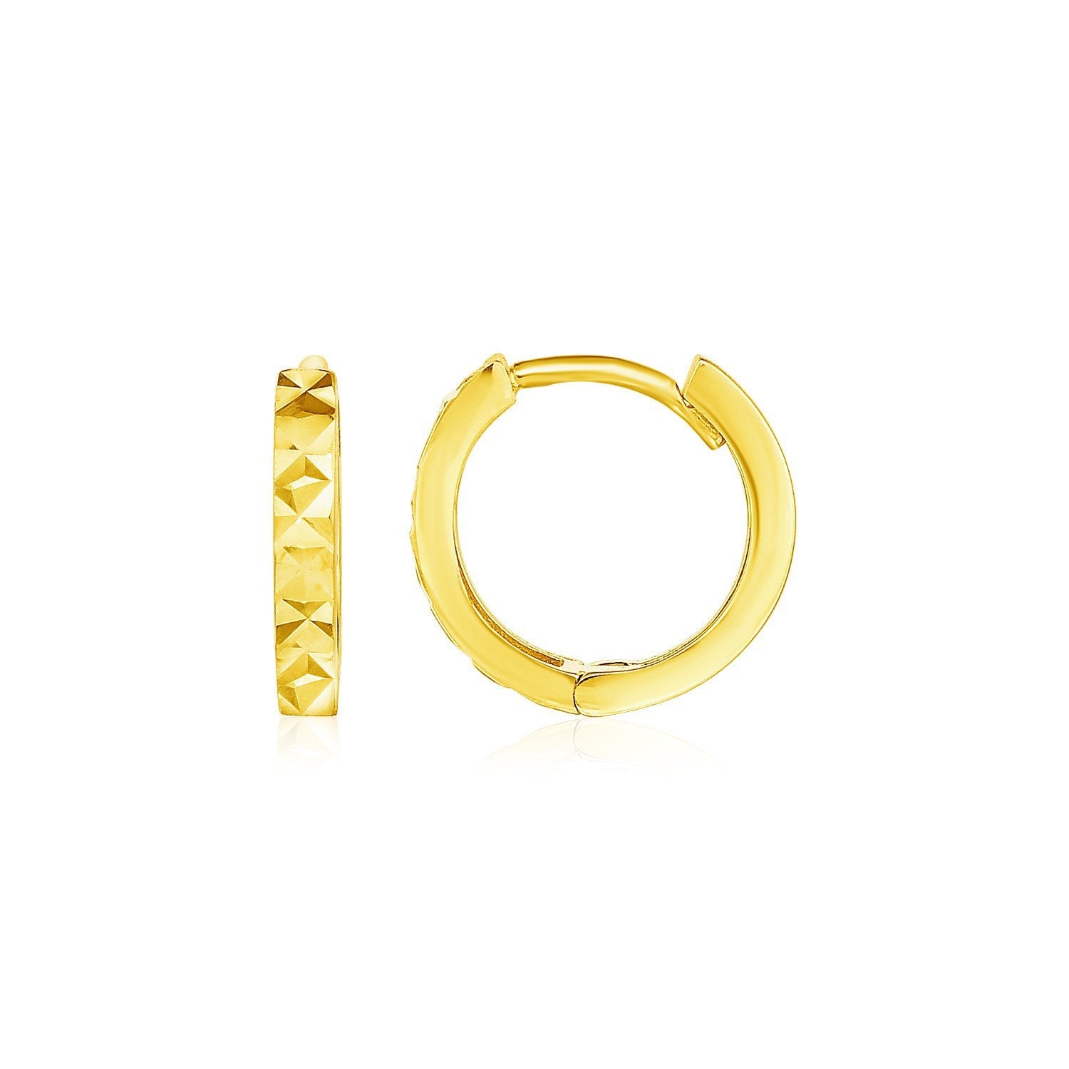 14k Yellow Gold Petite Round Hoop Earrings with Geometric Texture on sale at MyriadMart