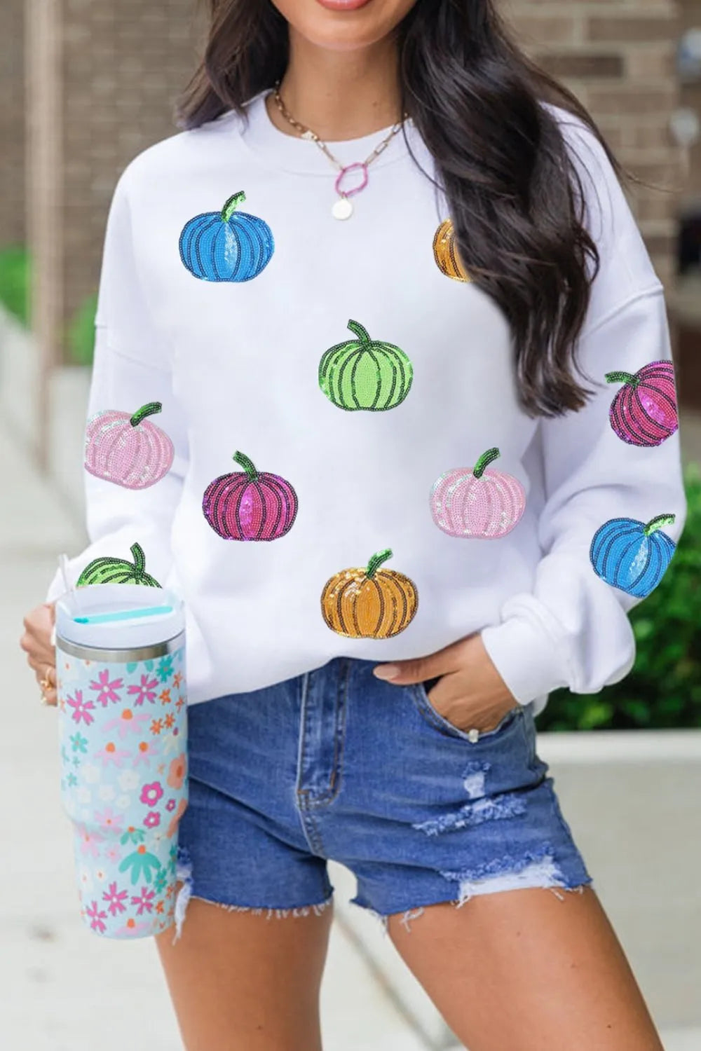 Pumpkin Round Neck Long Sleeve Sweatshirt - MyriadMart