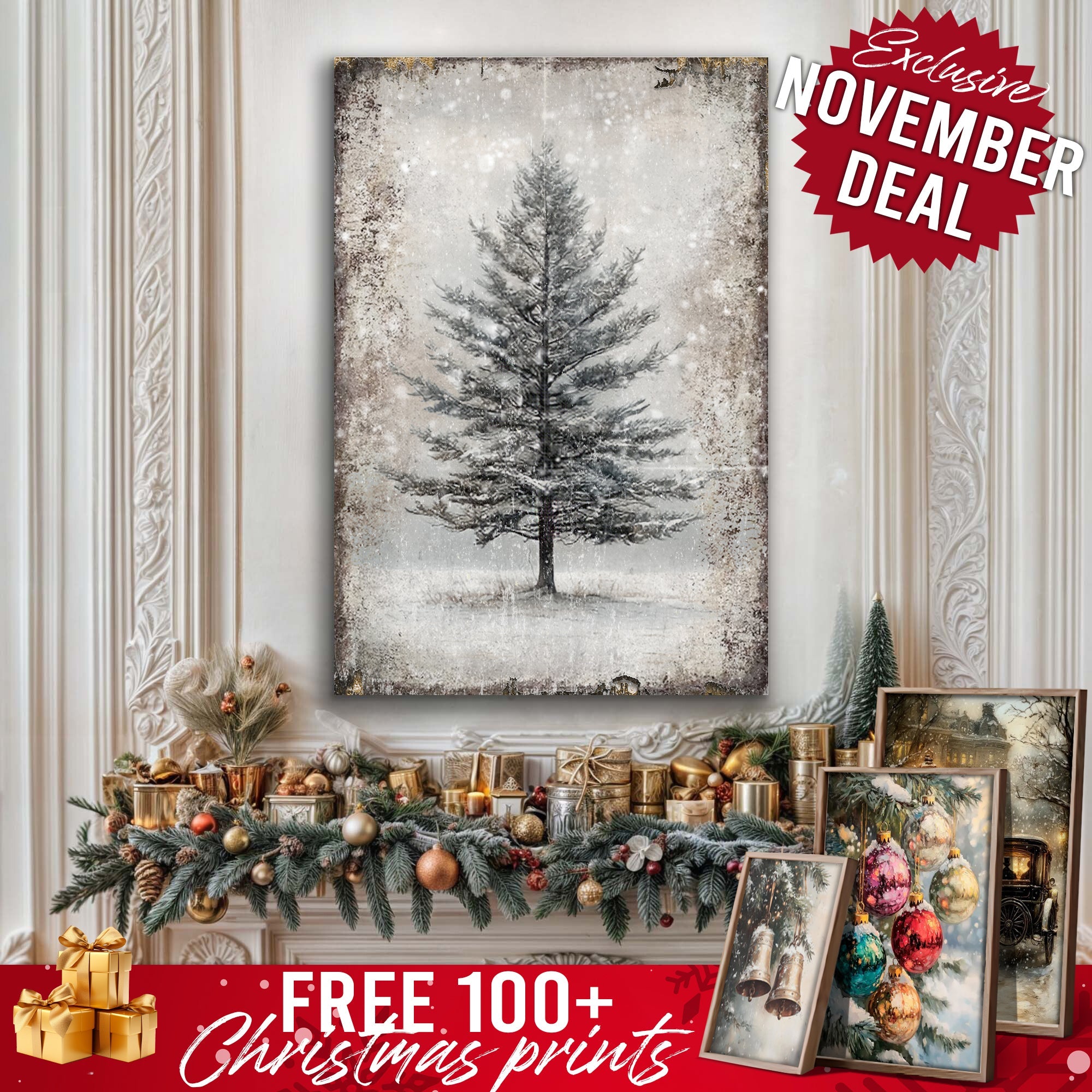 Vintage Christmas Tree Wall Art with Free 100+ Christmas Print on sale at MyriadMart
