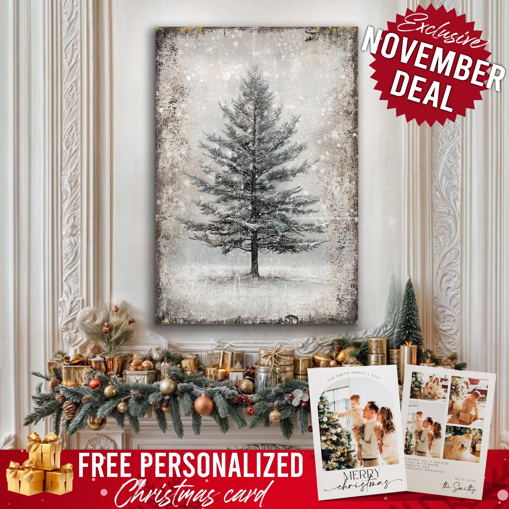 Vintage Christmas Tree Wall Art with Free Personalized Christmas Card on sale at MyriadMart