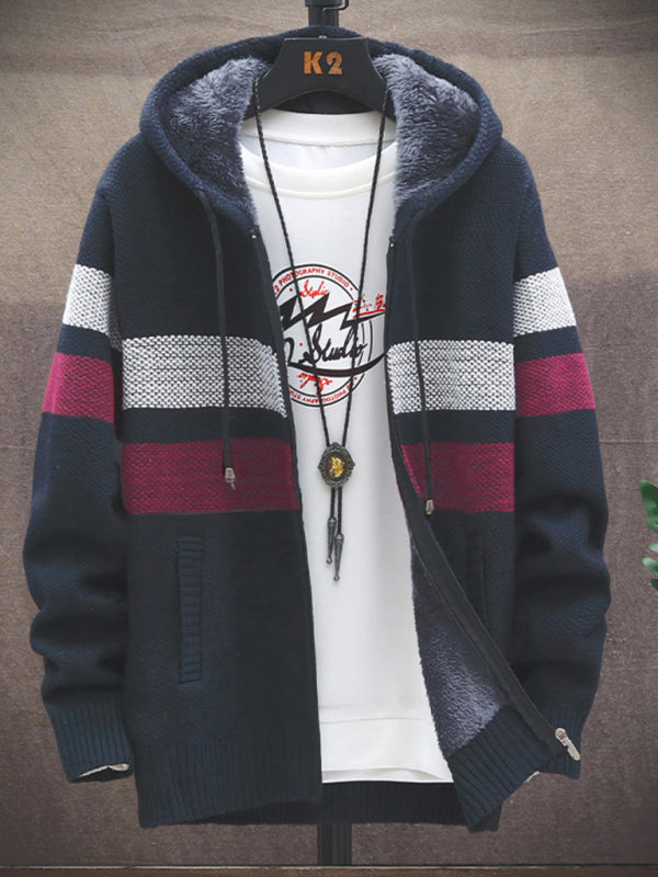 Fleece sweater cardigan Contrast color jacket youth slim fit trendy hooded jacket on sale at MyriadMart