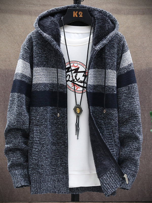 Fleece sweater cardigan Contrast color jacket youth slim fit trendy hooded jacket on sale at MyriadMart