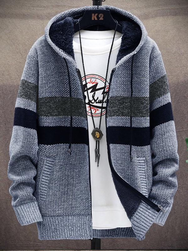 Fleece sweater cardigan Contrast color jacket youth slim fit trendy hooded jacket on sale at MyriadMart