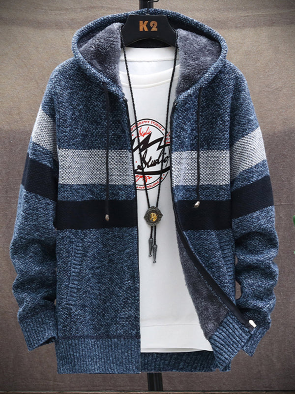 Fleece sweater cardigan Contrast color jacket youth slim fit trendy hooded jacket on sale at MyriadMart