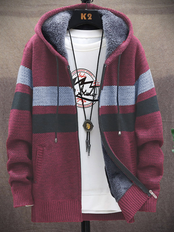 Fleece sweater cardigan Contrast color jacket youth slim fit trendy hooded jacket on sale at MyriadMart