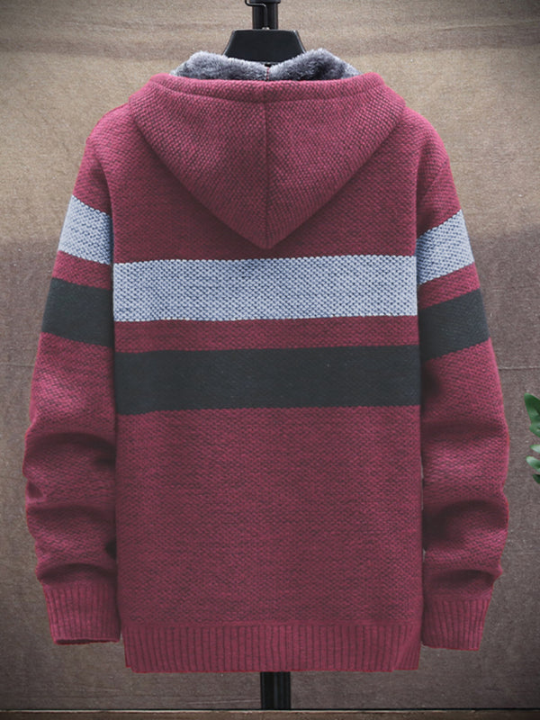 Fleece sweater cardigan Contrast color jacket youth slim fit trendy hooded jacket on sale at MyriadMart