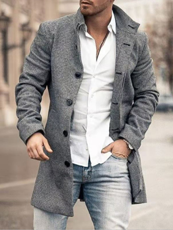 New men's woolen stand collar mid-length pocket casual coat on sale at MyriadMart