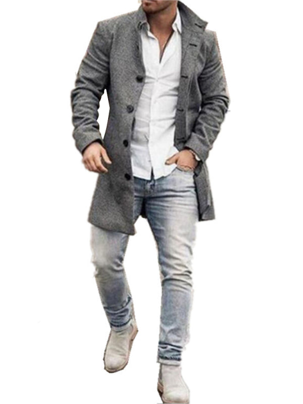 New men's woolen stand collar mid-length pocket casual coat on sale at MyriadMart