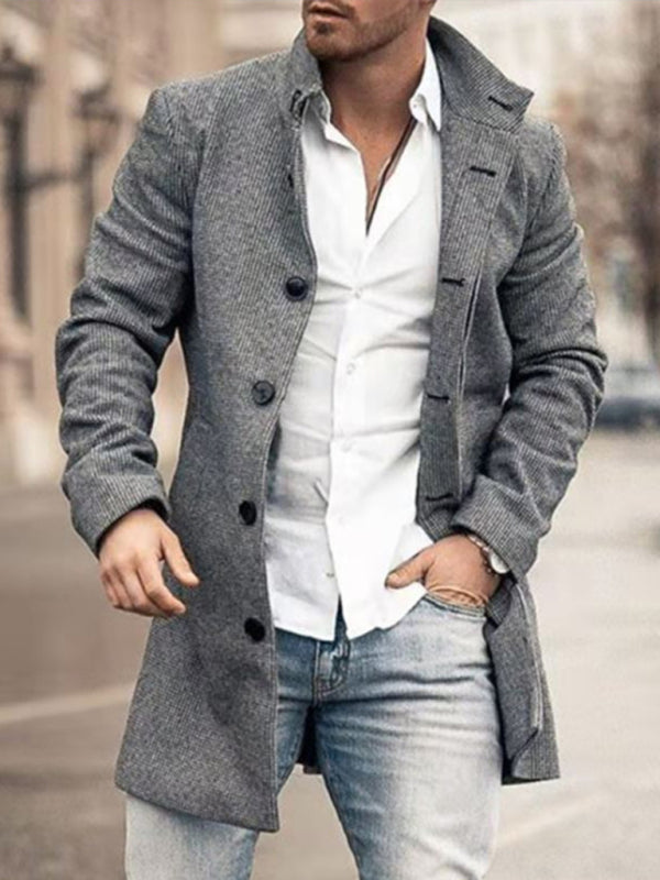 New men's woolen stand collar mid-length pocket casual coat on sale at MyriadMart