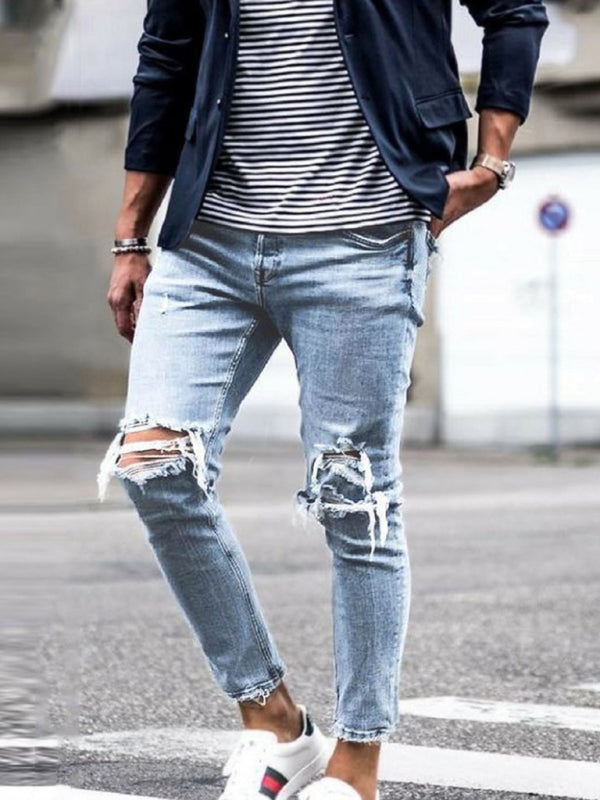 Men's solid casual ripped pencil jeans on sale at MyriadMart