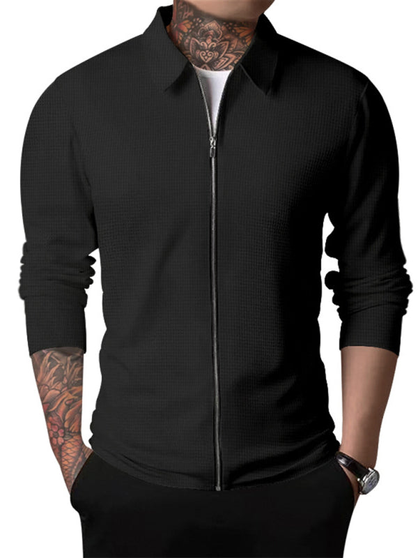 New Men's Waffle Zip Lapel Jacket Jacket Cardigan Tops on sale at MyriadMart
