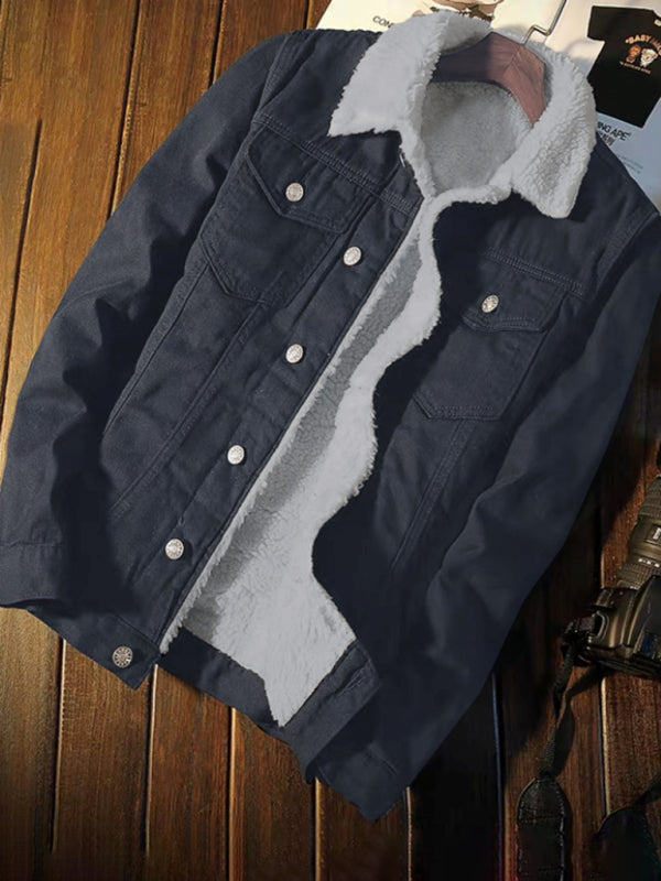 Men's warm sherpa button lapel denim jacket on sale at MyriadMart