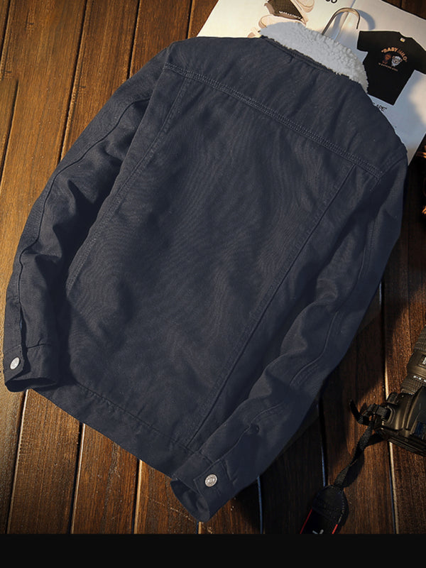 Men's warm sherpa button lapel denim jacket on sale at MyriadMart