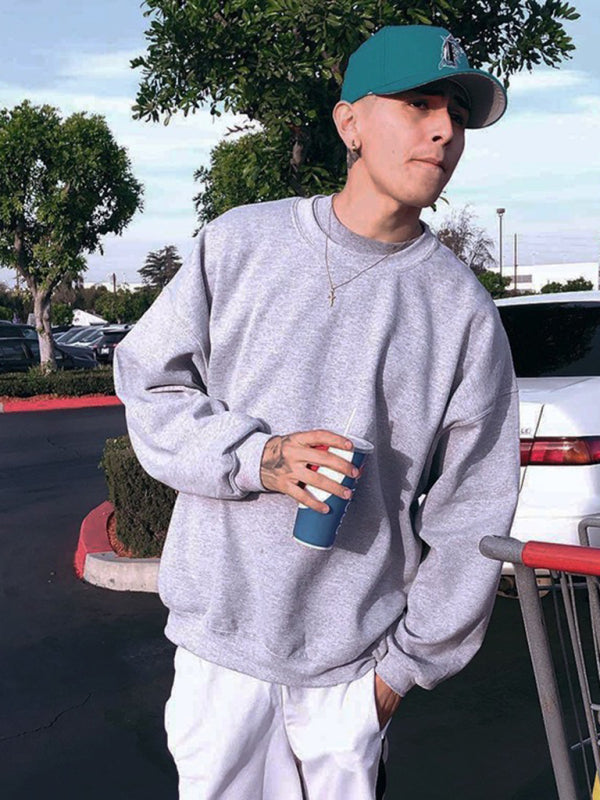 Men's new solid color round neck long sleeve sweatshirt on sale at MyriadMart