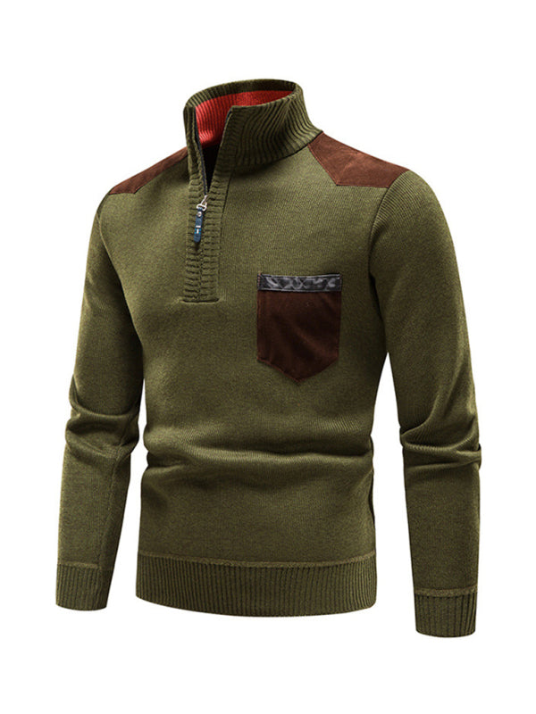 Men's stand-up collar thickened patchwork half-zip lapel sweater pullover sweater - MyriadMart