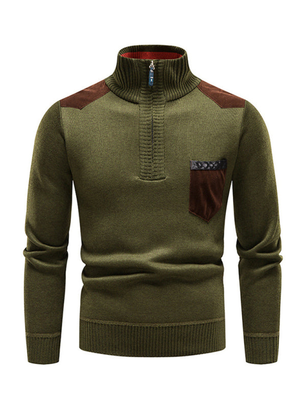 Men's stand-up collar thickened patchwork half-zip lapel sweater pullover sweater - MyriadMart