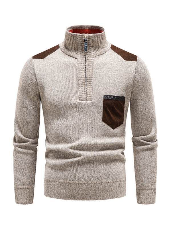 Men's stand-up collar thickened patchwork half-zip lapel sweater pullover sweater - MyriadMart