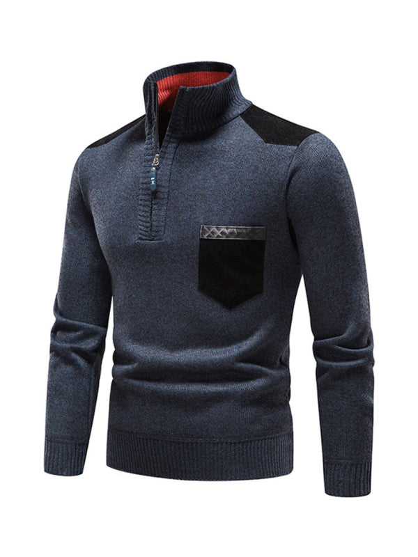 Men's stand-up collar thickened patchwork half-zip lapel sweater pullover sweater - MyriadMart