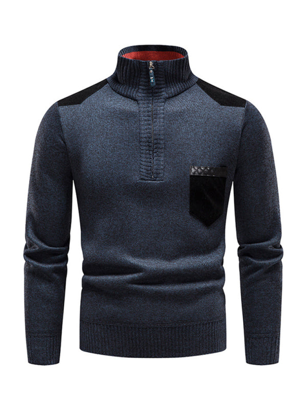 Men's stand-up collar thickened patchwork half-zip lapel sweater pullover sweater - MyriadMart