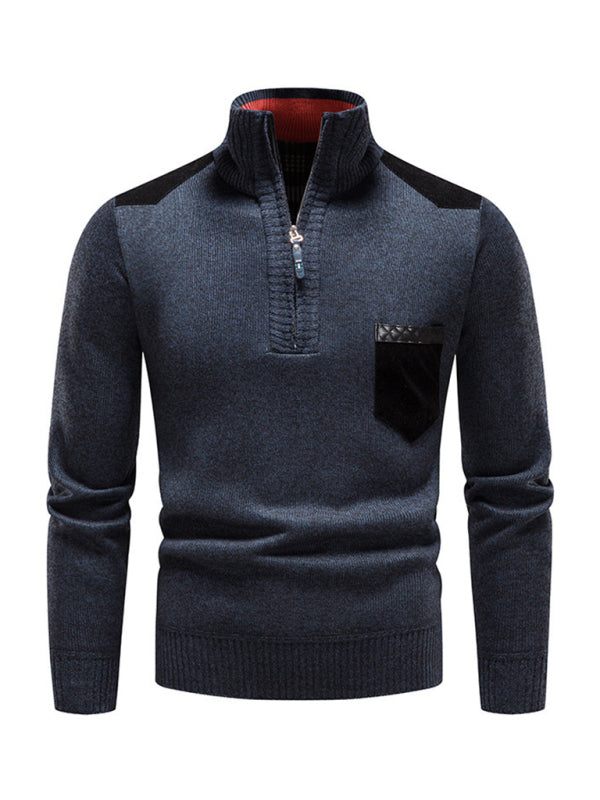 Men's stand-up collar thickened patchwork half-zip lapel sweater pullover sweater - MyriadMart