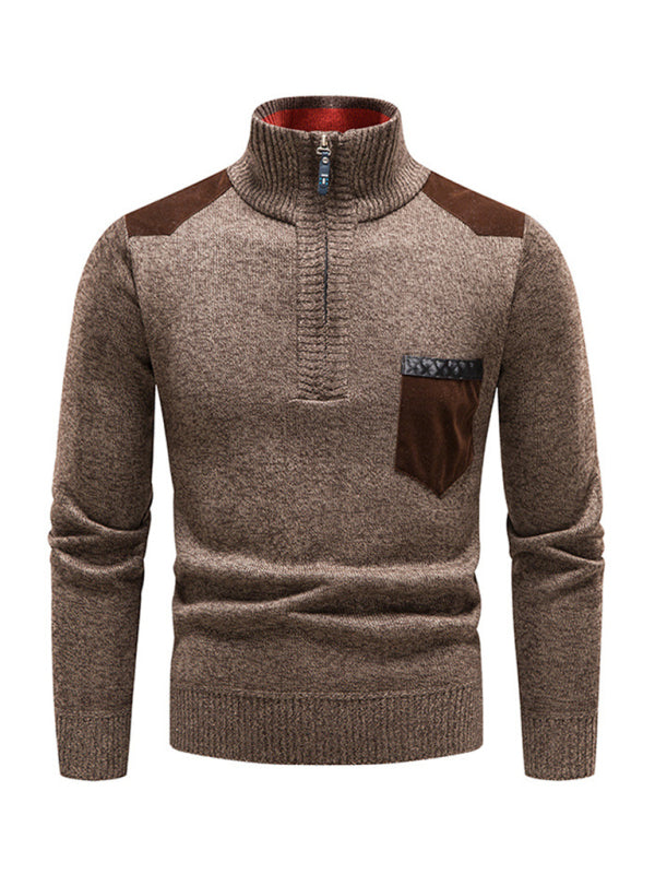 Men's stand-up collar thickened patchwork half-zip lapel sweater pullover sweater - MyriadMart