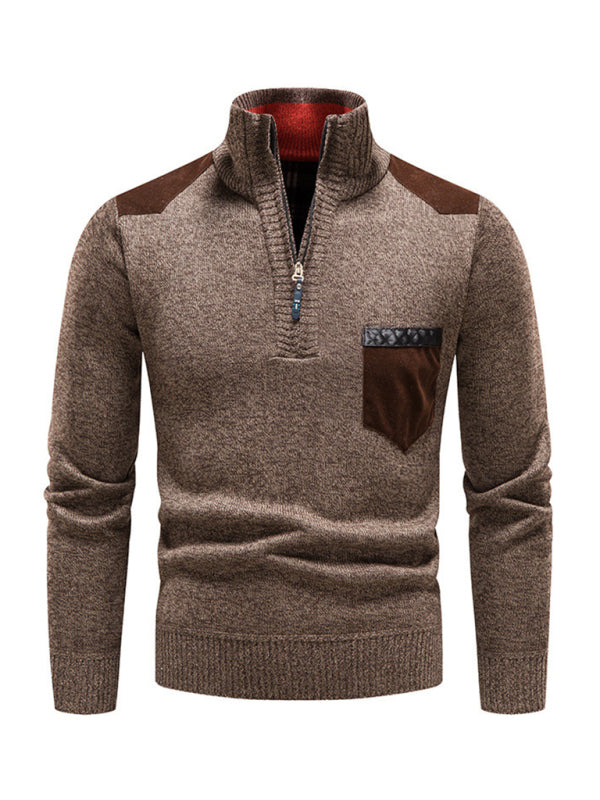Men's stand-up collar thickened patchwork half-zip lapel sweater pullover sweater - MyriadMart