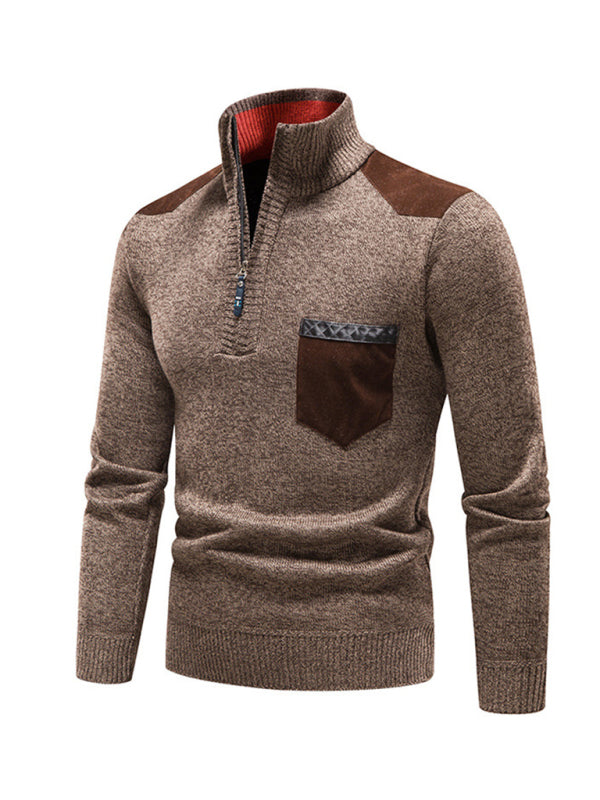 Men's stand-up collar thickened patchwork half-zip lapel sweater pullover sweater - MyriadMart