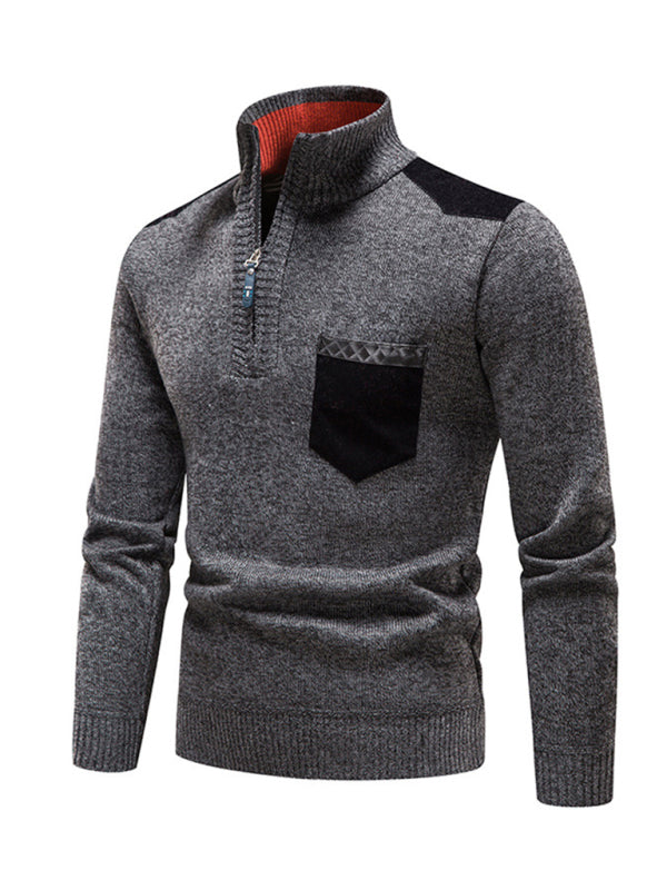 Men's stand-up collar thickened patchwork half-zip lapel sweater pullover sweater - MyriadMart