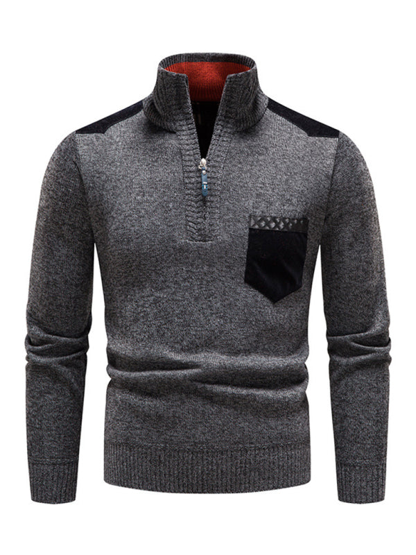 Men's stand-up collar thickened patchwork half-zip lapel sweater pullover sweater - MyriadMart