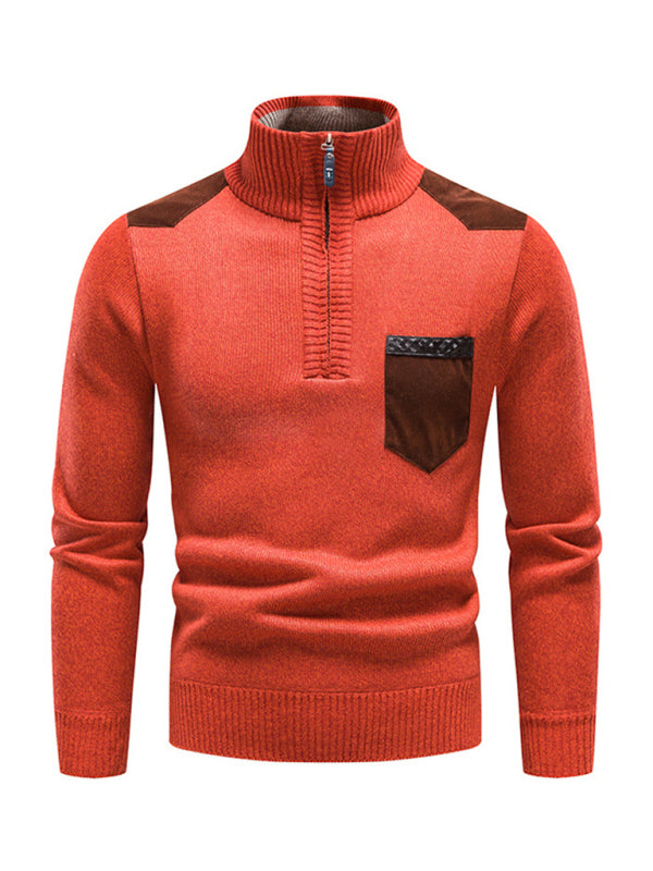 Men's stand-up collar thickened patchwork half-zip lapel sweater pullover sweater - MyriadMart