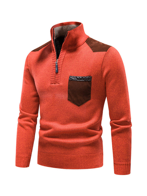 Men's stand-up collar thickened patchwork half-zip lapel sweater pullover sweater - MyriadMart