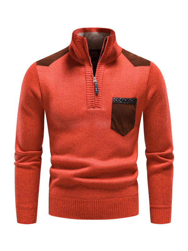 Men's stand-up collar thickened patchwork half-zip lapel sweater pullover sweater - MyriadMart