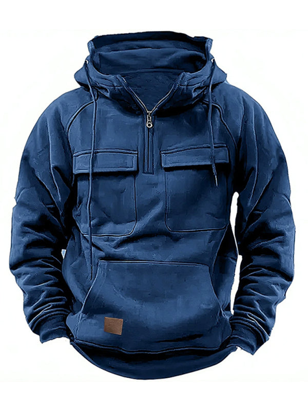 Men's solid color hooded sports multi-pocket sweatshirt jacket on sale at MyriadMart