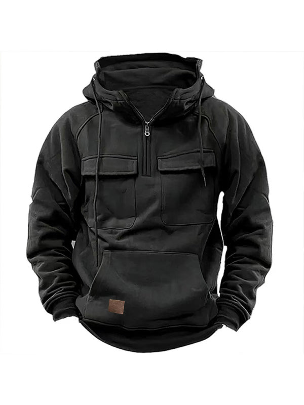Men's solid color hooded sports multi-pocket sweatshirt jacket on sale at MyriadMart