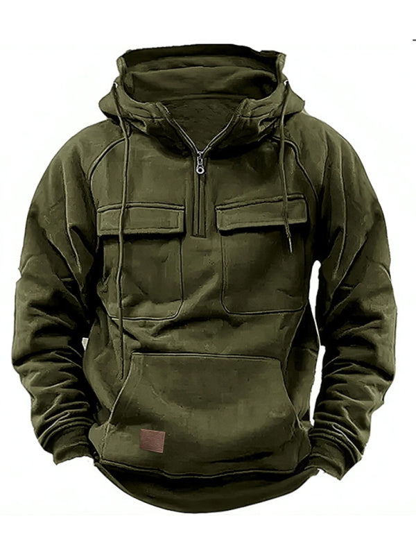Men's solid color hooded sports multi-pocket sweatshirt jacket on sale at MyriadMart