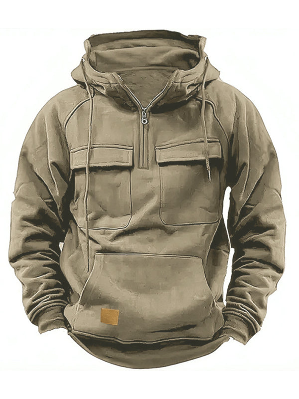Men's solid color hooded sports multi-pocket sweatshirt jacket on sale at MyriadMart