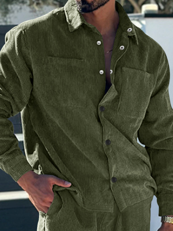 Men's new casual multi-pocket solid color corduroy button-down shirt