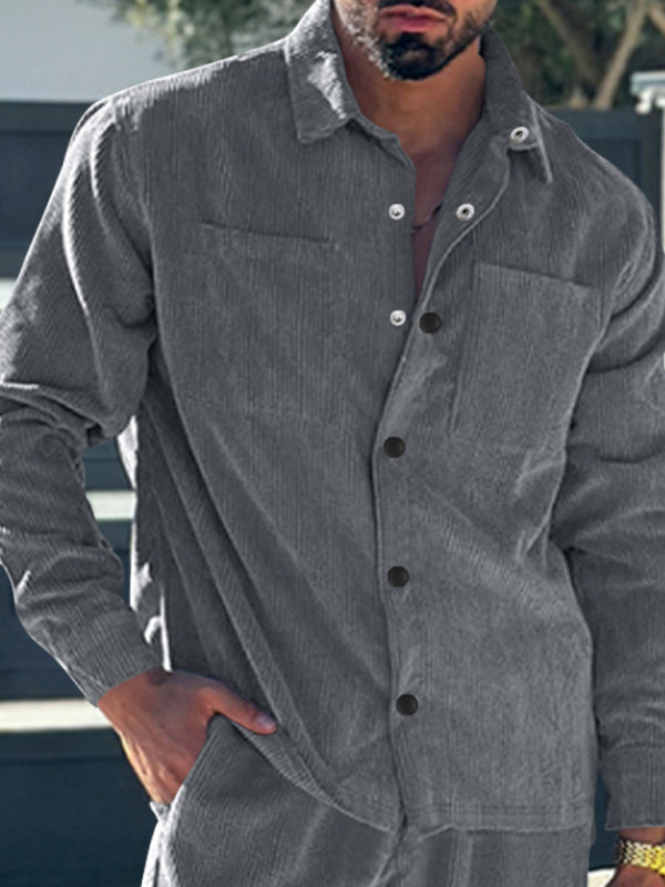 Men's new casual multi-pocket solid color corduroy button-down shirt